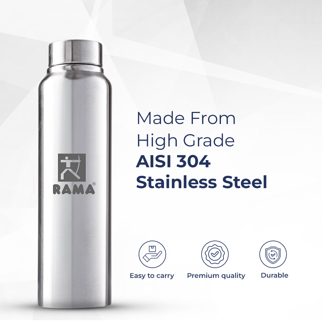 Stainless steel water bottle with Rama branding on a white background