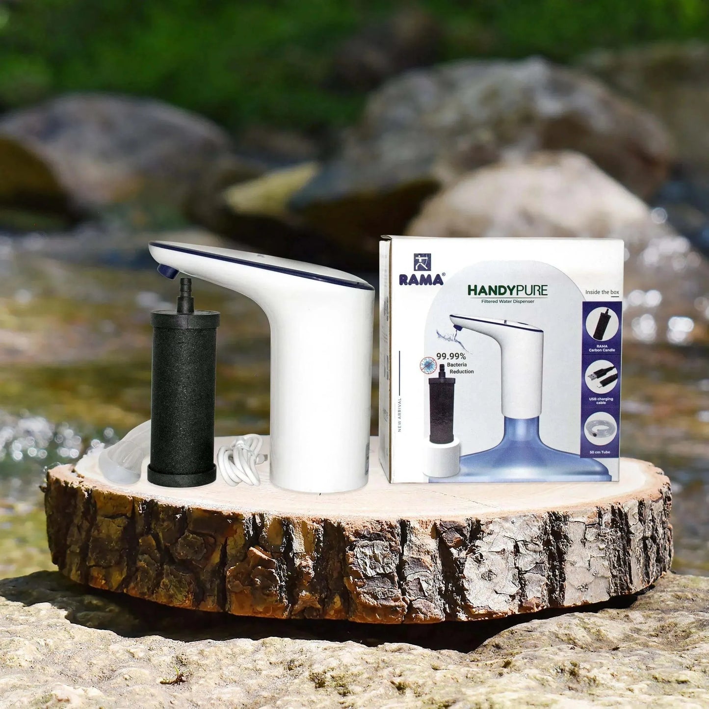 RAMA HandyPure Water Dispenser Includes 1 No of 4 Inch Carbon Candle for Water Cans, Comes with 1200 mAh Battery which Provides 3 Days of Usage in a Single Charge, Auto Stop in 60 Seconds, White Color