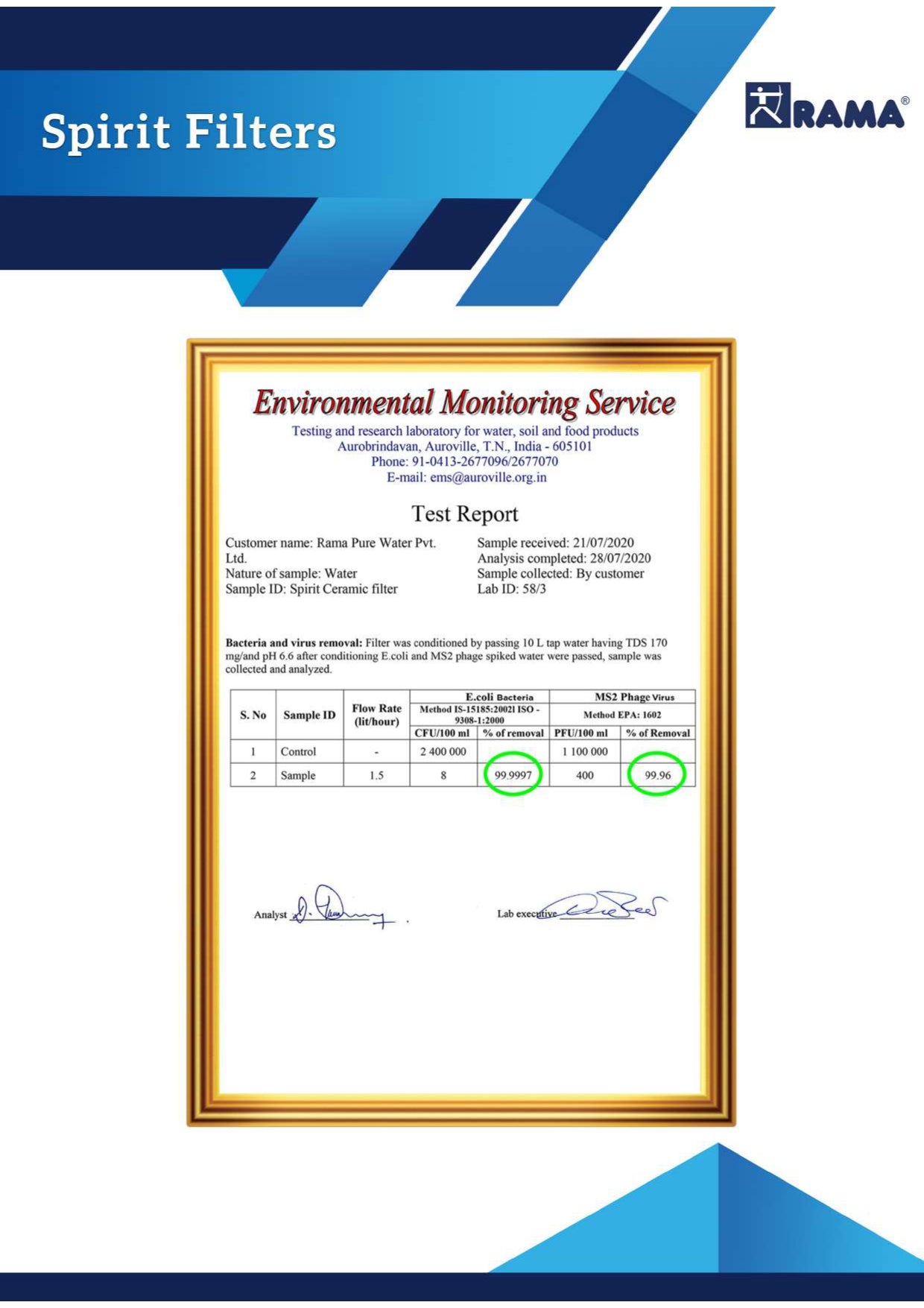 Spirit Filters Certifications