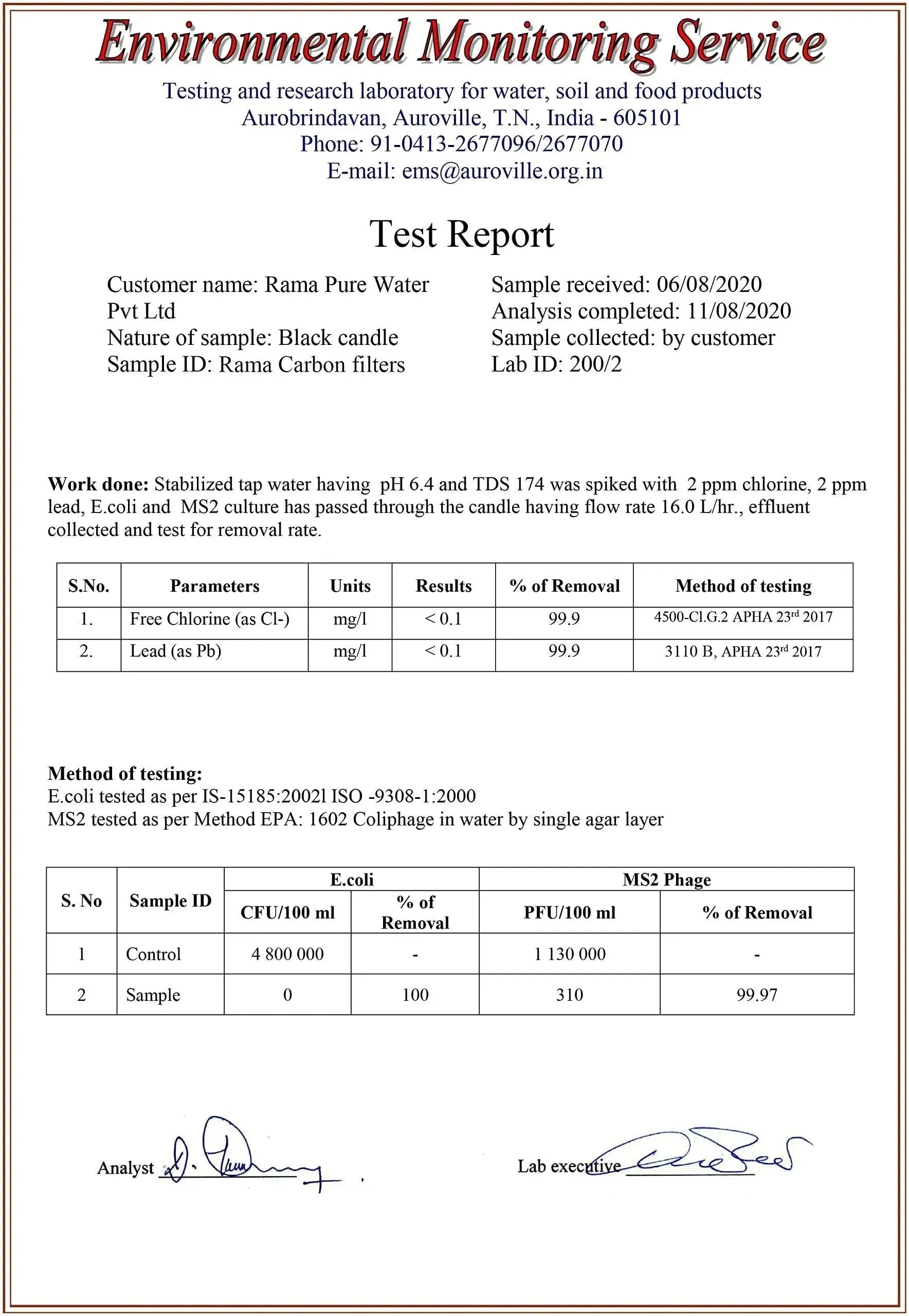 rama water filter environment certificate