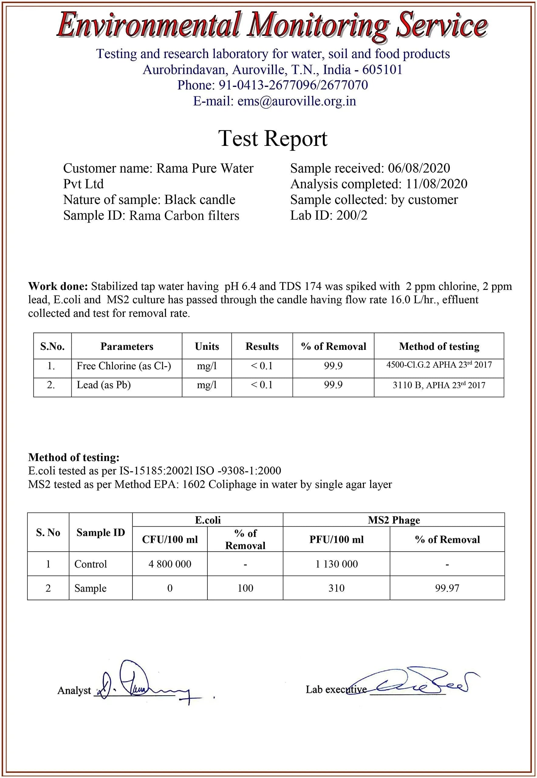 rama water filter certificate