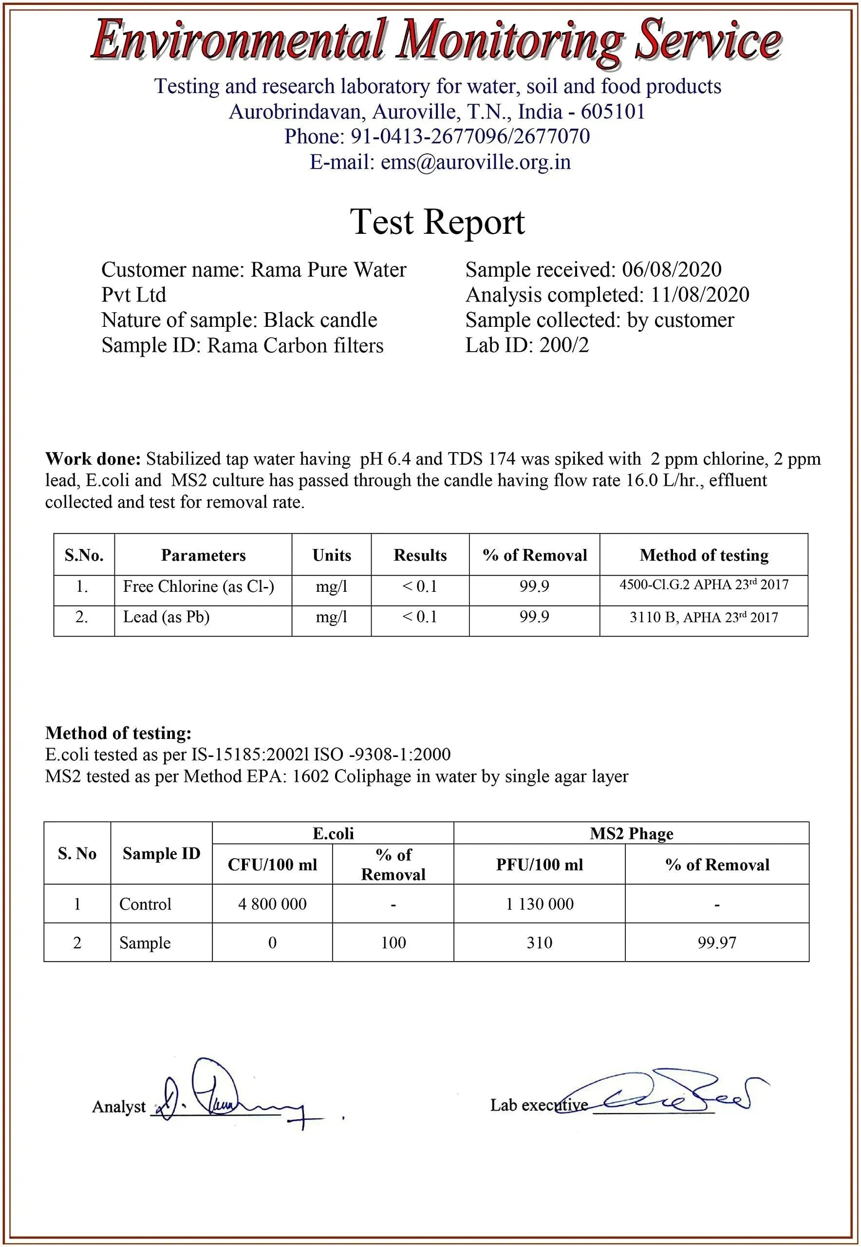 rama water filter environment certificate