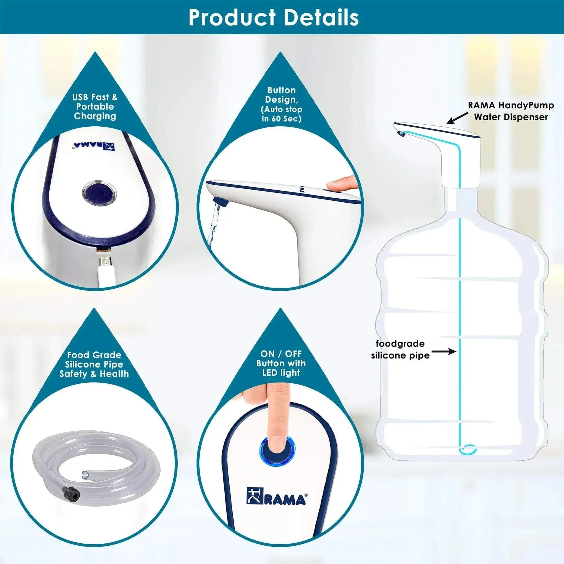 RAMA HandyPump Water Dispenser for Water Cans, Comes with 1200 mAh Battery which Provides 3 Days of Usage in a Single Charge, Auto Stop in 60 Seconds, White Color - Rama Water Filters