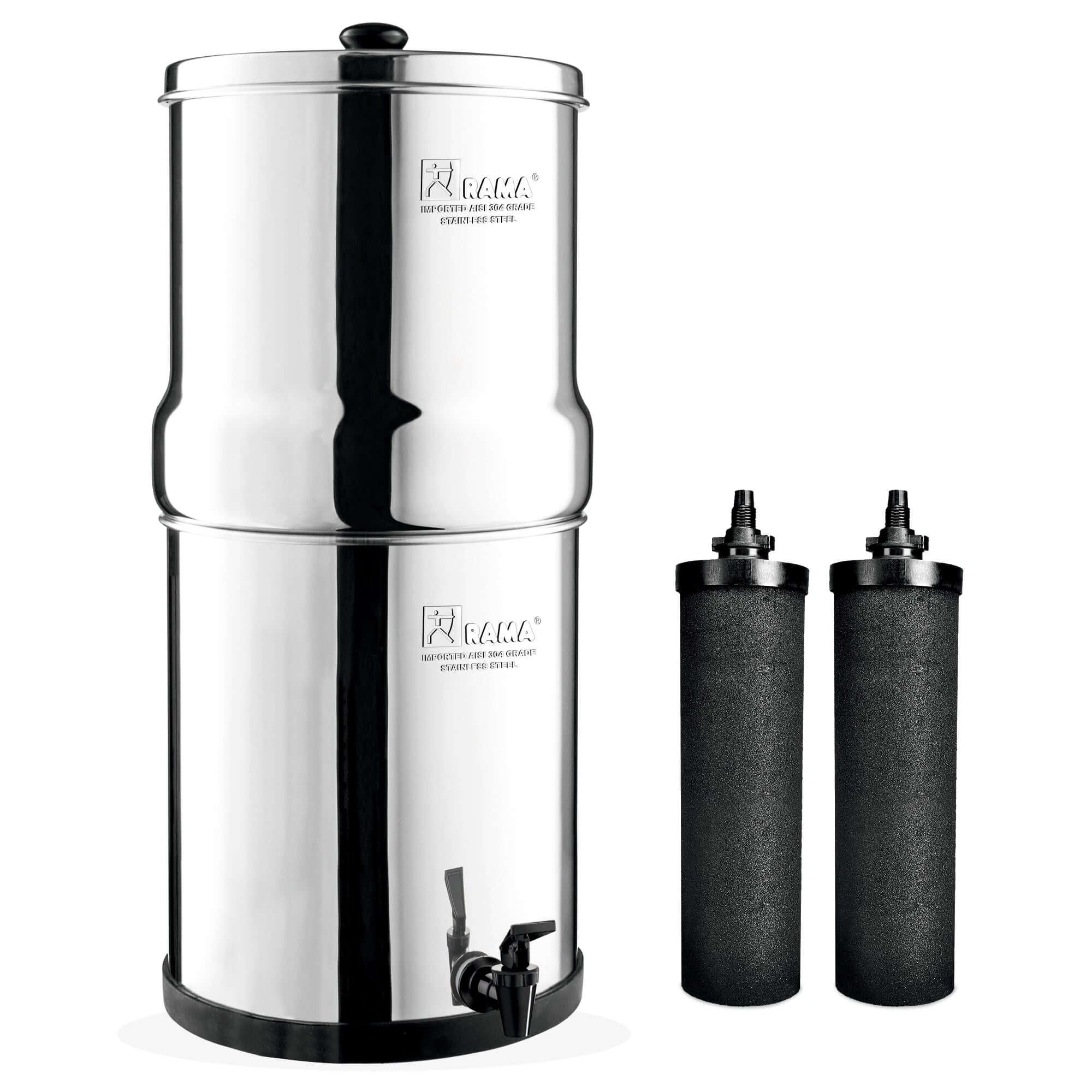 RAMA Water Filter and Purifier, 6 Litre Storage (12 Litre Total Capacity) Made with 304 High Grade Stainless Steel, 10-Year Manufacturer Warranty, Includes 2 Carbon Candles and Plastic Tap - Rama Water Filters