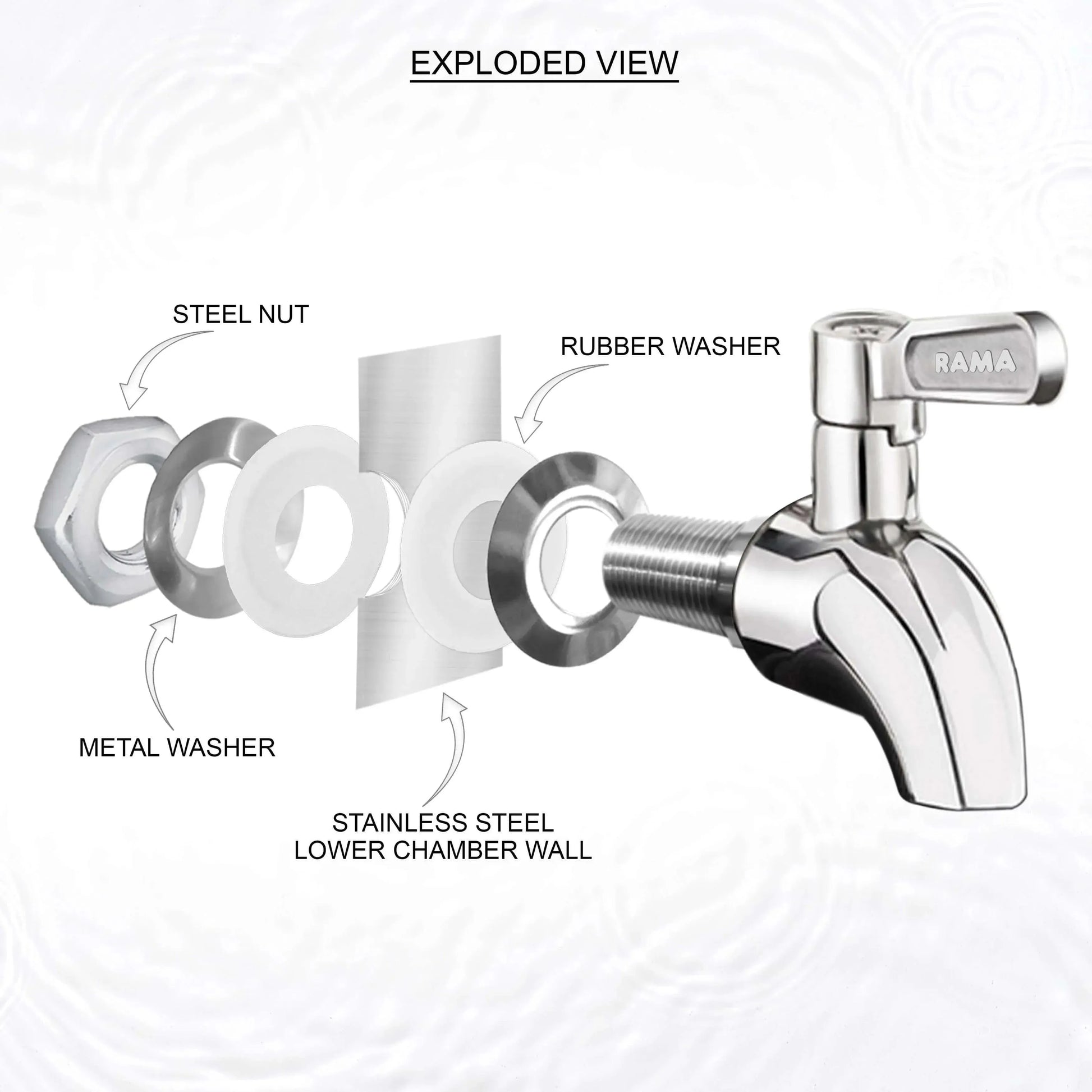 rama stainless steel tap with steel nut and rubber washer