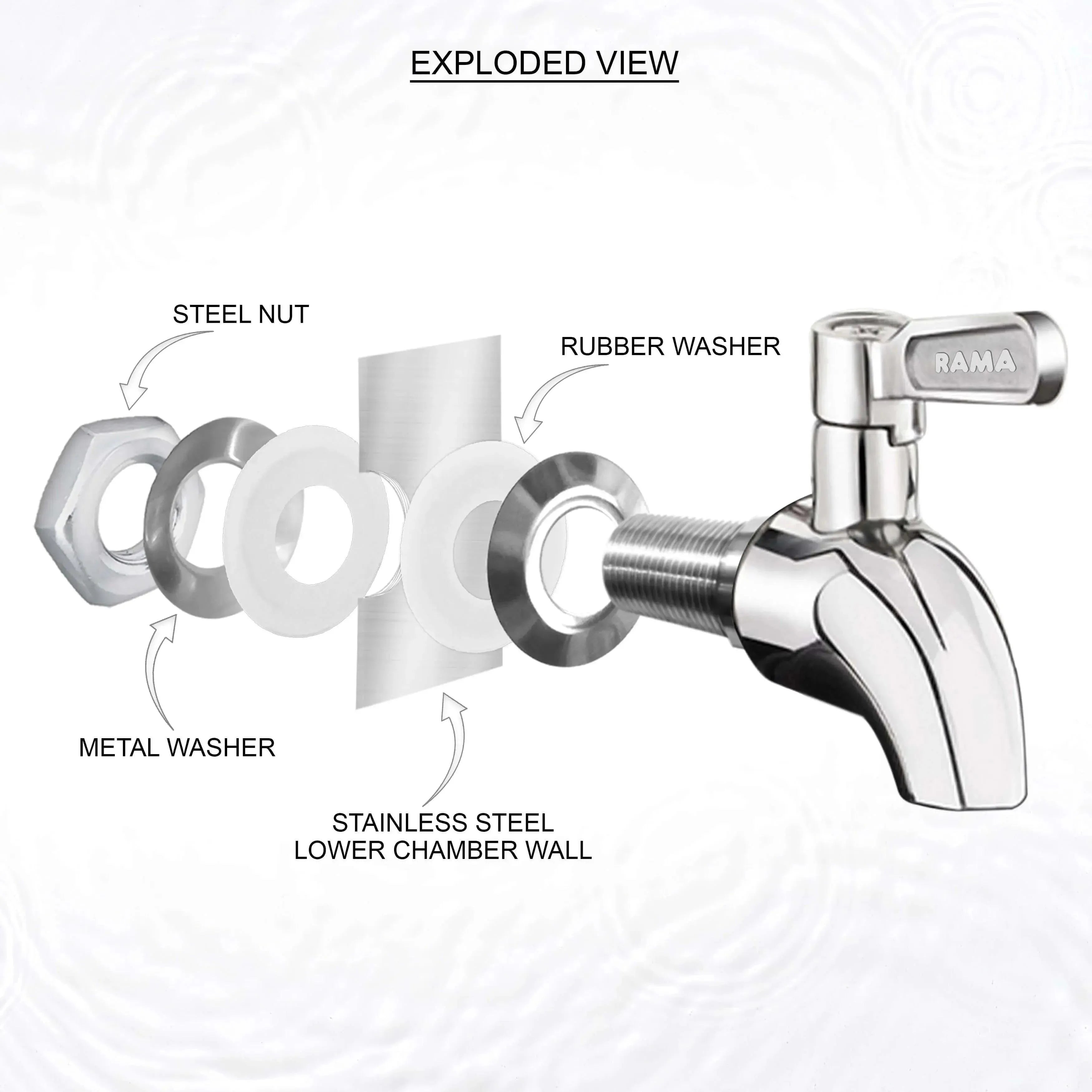 rama stainless steel tap with steel nut and rubber washer