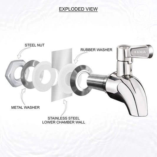 rama stainless steel tap with steel nut and rubber washer