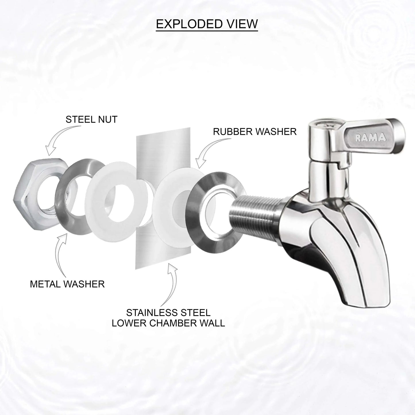 rama stainless steel tap with steel nut and rubber washer