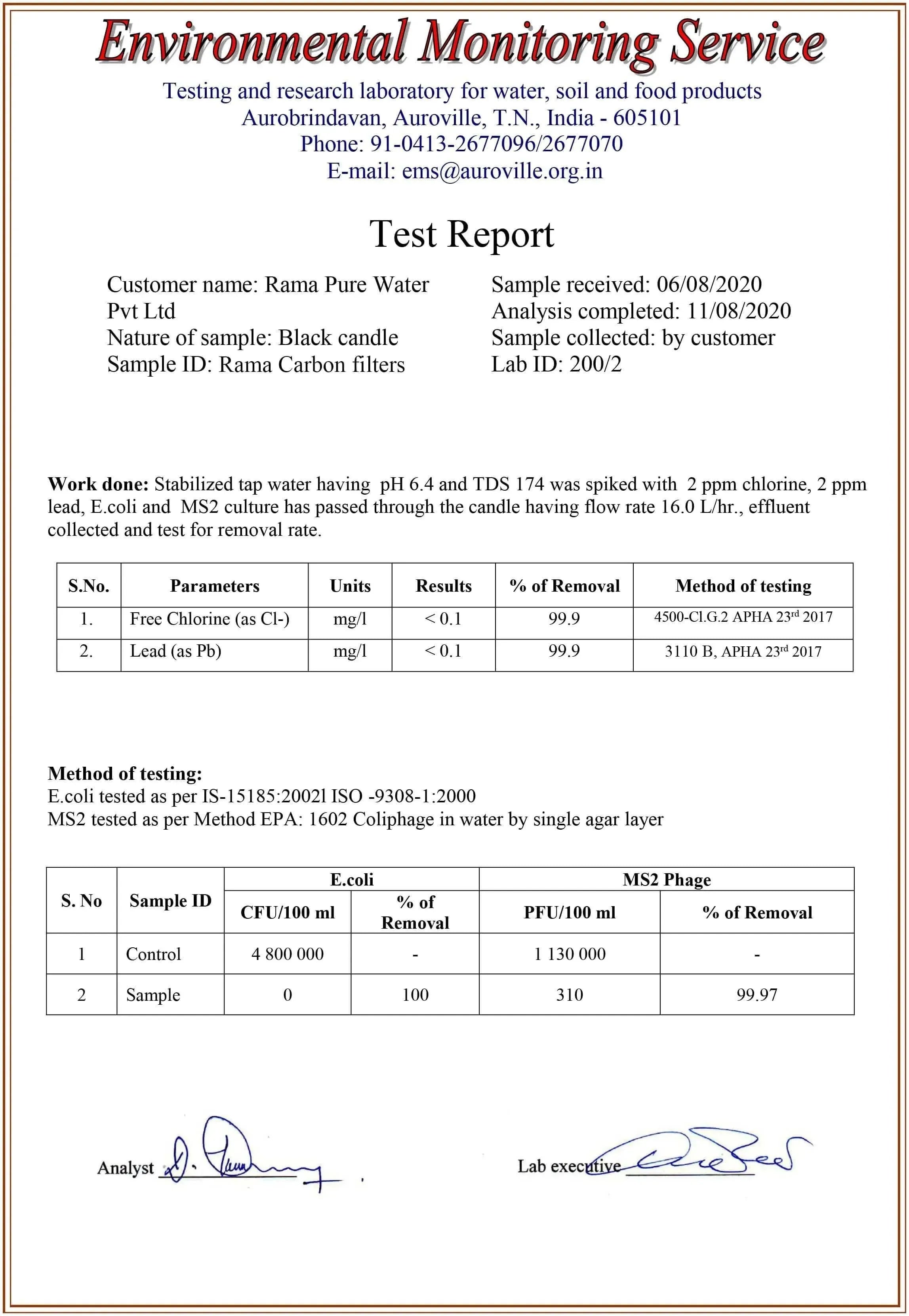 rama water filter certificate