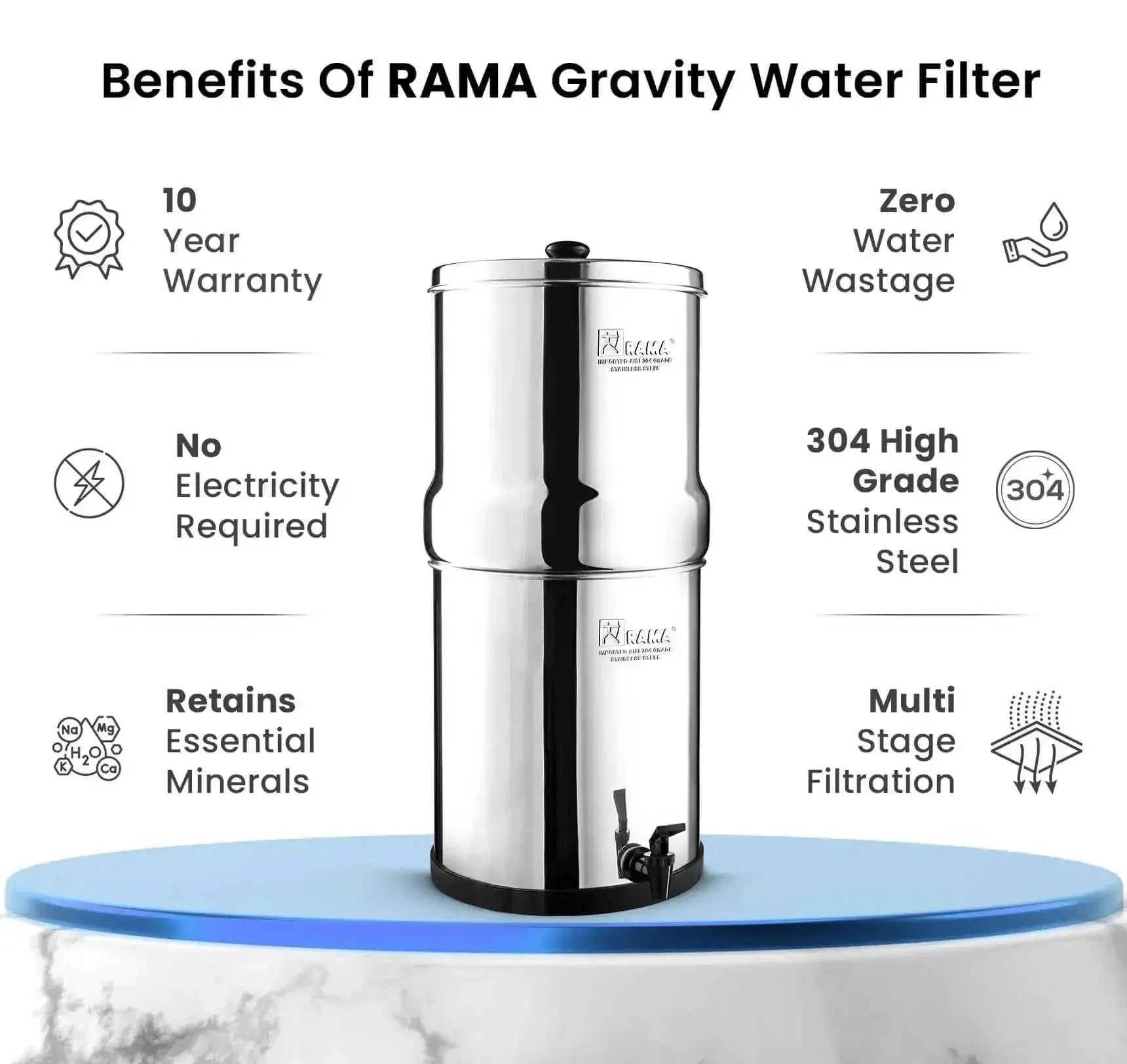 ராமா கிராவிட்டி வாட்டர் ஃபில்டர், 12 லிட்டர் சேமிப்பு (24 லிட்டர் மொத்த கொள்ளளவு) ஸ்டெயின்லெஸ் ஸ்டீல் டேப், 2 ஸ்பிரிட் கேண்டில்கள் மற்றும் ஸ்டெயின்லெஸ் ஸ்டீல் ஸ்டாண்ட், 10 ஆண்டு உத்தரவாதம்